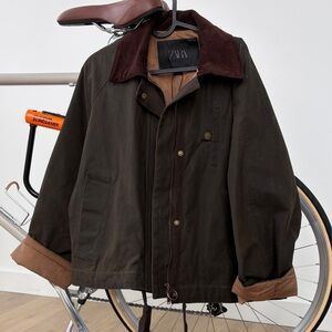 Zara Men's Dark Olive Military Jacket with Brown Details